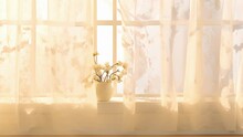 A Sunfilled Window Frame, Adorned With White Curtains That Diffuse The Natural Light Into A Soft, Golden Hue. The Intricate Lace Patterns Cast Intricate And Delicate Shadows, Creating