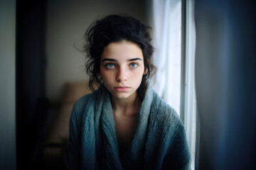 Sad teenage girl with gorgeous eyes looking at the camera