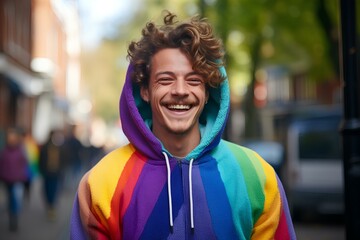 Poster - man is in a rainbow hoodie moving and smile, movement and spontaneity, london street background. generative AI