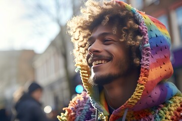 Poster - man is in a rainbow hoodie moving and smile, movement and spontaneity, london street background. generative AI