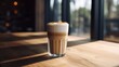 hot, fresh coffee in a cozy, sunny latte coffee put on table in cafe restaurant, drink breakfast in the morning milk latte with coffee foam in glass mug with ingredients free copy space
