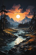 © Martin Rettenberger - Painting of a sundown scene with a river, trees and mountains