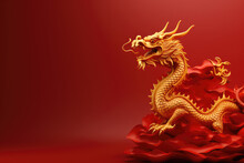 Chinese New Year Red Background With 3d Glowing Gold Dragon With Large Copyspace Area