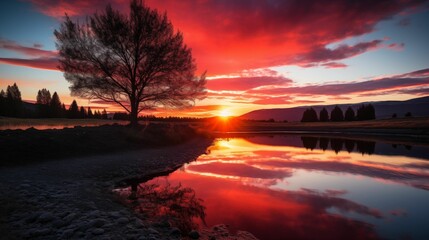 Wall Mural - Image of a red sunset over a tranquil landscape.