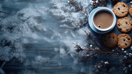 Wall Mural - Winter background with hot coffee and cookies on grunge dark gray background with snowflakes. Top view