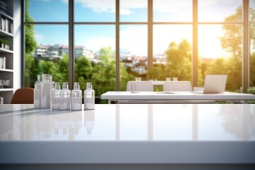 Fototapete - White desk, Desk clear with medical background, Background blurred.
