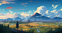 Anime Style Landscape On A Beautiful Day Overlooking Big Mountains Behind A Small Town, HDR 4K