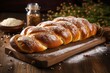 A freshly baked Allerheiligenstriezel, a traditional Austrian braided yeast bread, beautifully garnished with powdered sugar and served on a rustic wooden table