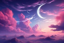 Sky With Clouds And Waning Crescent Moon, Dreamy, Fantasy, Purple