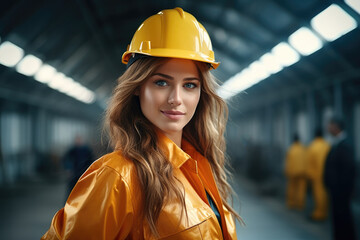 Aufkleber - Specialist engineer woman wearing a yellow uniform and in a modern factory.
