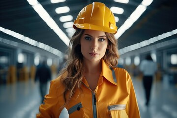 Aufkleber - Specialist engineer woman wearing a yellow uniform and in a modern factory.