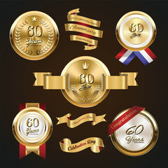 Wall Mural - 60 years anniversary logo with golden ribbon. Set of Vintage Anniversary Badges Celebration