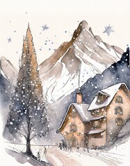 christmas xmas winter wonderland cozy warm festive landscape snowy mountains houses village festive watercolor card illustration design snow stars blue neutral happy