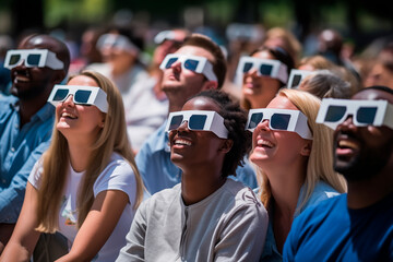 group of people very excited in the park watching solar eclipse through safe solar viewing glasses