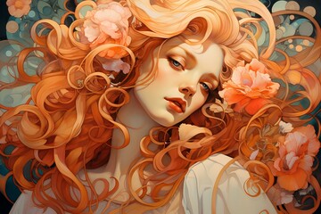 Wall Mural - portrait of a gorgeous woman, in the style of art nouveau, hand painted, vintage illustration artwork. generative AI