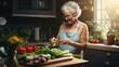 Elderly 70s woman cooking healthy salad cutting vegetables on wooden board in domestic kitchen near window with natural sun light, happy smiling pensioner female retirement prapare food for family