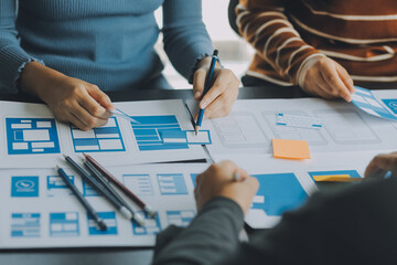 ux Graphic designer creative sketch planning application process development prototype wireframe for web mobile phone . User experience concept.