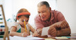 © Azeemud/peopleimages.com - Child, senior man and education or writing, book and learning at home, drawing and support or paper. Girl, grandfather and notebook or tutoring, assessment and smile for language or math homework