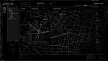 AI route tracking technology used by the police to find the runaway criminals. AI software tracking the target gps route. AI route tracking program locates the stolen vehicle in the city. UI. Map.