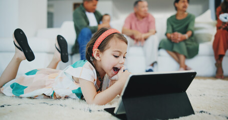 Poster - Girl child, happy and tablet on floor in family home for movie, streaming subscription and relax in living room. Kid, digital touchscreen and smile on carpet with cartoon, video or learning in house