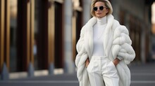 Young Beautiful Stylish Woman Walking Down The Street White Fur Coat. Fashionable Girl Wearing White Trousers. Fashion Concept
