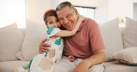 Poster - Home, portrait and hug with grandfather, girl and happiness with weekend break, relax and bonding together. Old man, senior person and child with joy, embrace and support with love, care and kid