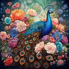 Sticker - Joyful Peacock Surrounded by Seasonal Florals