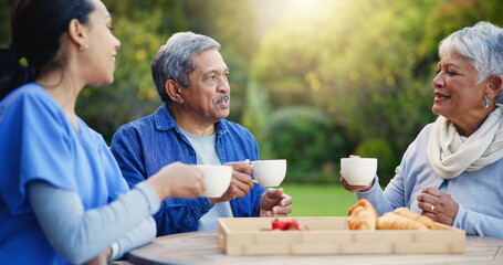 Wall Mural - Nurse, coffee and breakfast for elderly care, retirement or healthcare support at park or nature. Doctor with senior man and woman for tea, meal or outdoor snack together in health and wellness