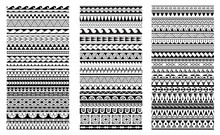 Set Of Maori Polynesian Tattoo Bracelets Border. Tribal Sleeve Seamless Pattern Vector. Samoan Bracelet Tattoo Design Fore Arm Or Foot.