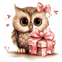 Wall Mural - owl with a gift box