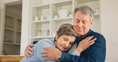 Poster - Love, bond and mature couple hug, affection or cuddle together for romance, relax retirement or home break. Soulmate, eyes closed and elderly old man, senior woman or marriage people rest in Portugal