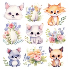 Wall Mural - Watercolor clipart set with sweet baby animal characters