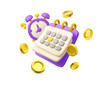 © Olena Go - Vector 3d icon calendar with clock and money. Flying golden coins with alarm, reminder of timely payments idea. Time to pay concept, isolated on white background.