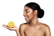 © Mayur/peopleimages.com - Orange, fruit and skincare of happy black woman with healthy nutrition, organic diet or beauty. Smile, natural citrus cosmetics and food, wellness benefits or vitamin c on transparent png background