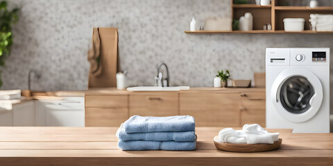 Wall Mural - Wooden tabletop counter with towels. out of focus washing machine in home laundry.