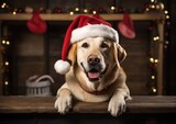 Fototapeta Zwierzęta - Happy smiling puppy dog is wearing a Christmas Santa hat