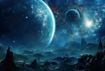 Wall Mural - galaxy with stars and planets on blue background.