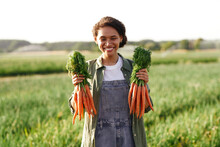 Cheerful Female Agronomist Holding Freshly Picked Carrots Standing In Field. High Quality Photo