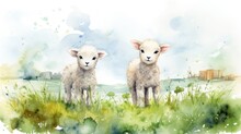 Sheep In The Meadow. Easter Watercolor Illustration. Card Background Frame.