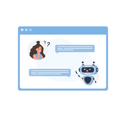 Wall Mural - chatbot concept. woman chatting with robot. ai business assistant. online customer support and faq. 