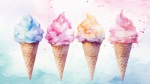 Colorful Ice Cream With Different Flavors Watercolor Illustration. Card Background Frame.