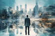 The double exposure image of the business man standing in front of technology city