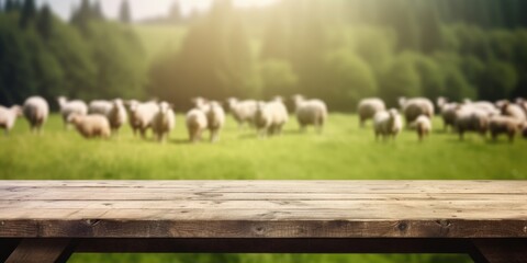 Wall Mural - The empty wooden brown table top with blur background of sheep pasture. Exuberant image. generative AI