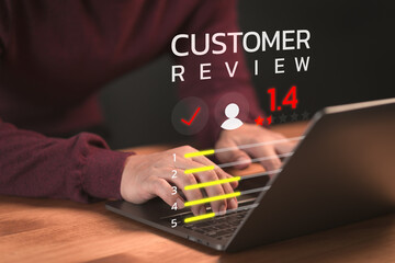 Poster - Member with angry emotion face on virtual screen, Bad review, client dislike service and quality, low rating, social media not good. Business service concept of customer experience dissatisfied.