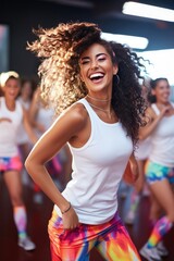 Wall Mural - A woman model at the gym wearing a white blank outfit for mockup