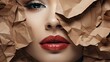 women face and red lips in brown paper, in the style of abstracted.