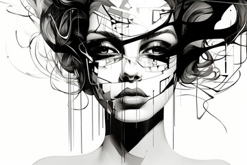 Sticker - Beauty, fashion, make-up and art concept. Beautiful woman portrait sketch style drawing. Model face drawn with black ink lines style. Black and white illustration