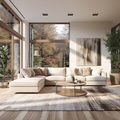 Large corner sofa dominating a modern living space with ample sunlight and autumnal views through the windows