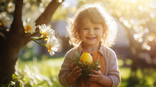 Happy Child Kid Holding A Easter Egg In Hands After Picking It Up In The Garden