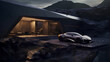 The futuristic house in a rocky area with a car.